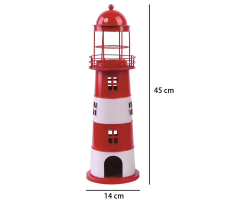 Phare décoratif en métal rouge et blanc, hauteur 45 centimètres, largeur 14 centimètres.