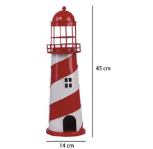 Phare décoratif en métal, hauteur 45 centimètres, largeur 14 centimètres, rayé rouge et blanc.