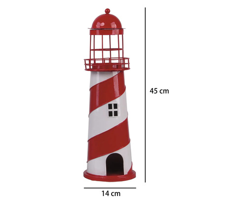 Phare décoratif en métal, hauteur 45 centimètres, largeur 14 centimètres, rayé rouge et blanc.