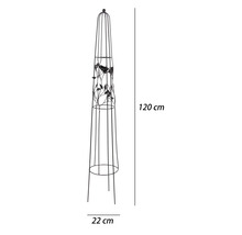Rankobelisk aus Metall mit dekorativem Vogel- und Blattmotiv, Höhe 120 Zentimeter, Breite 22 Zentimeter.