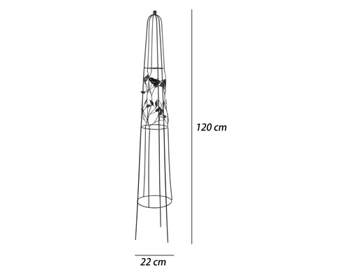 Rankobelisk aus Metall mit dekorativem Vogel- und Blattmotiv, Höhe 120 Zentimeter, Breite 22 Zentimeter.