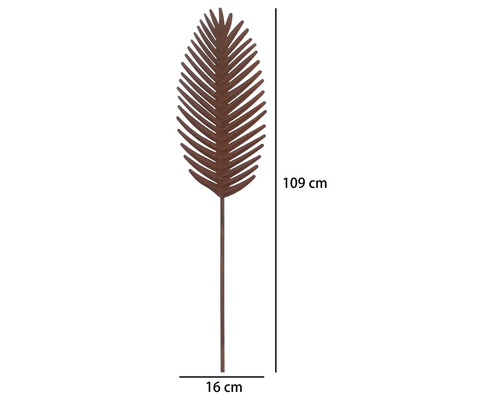Piquet de jardin en forme de feuille en métal aspect rouille, hauteur 109 centimètres, largeur 16 centimètres.