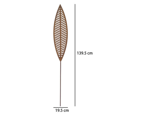 Gartenstecker in Blattform aus Metall in Rostoptik, Höhe 139,5 Zentimeter, Breite 19,5 Zentimeter.