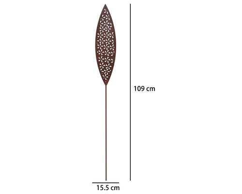 Tuteur de jardin en métal aspect rouille, en forme de feuille avec motif décoratif, hauteur 109 centimètres, largeur 15,5 centimètres