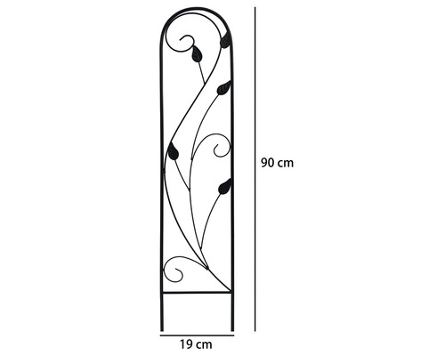Schwarze Rankhilfe aus Metall mit Blattmotiven und Schnörkeln, 90 Zentimeter hoch und 19 Zentimeter breit.