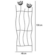 Treillis en métal noir avec motif de pissenlit, dimensions 150 centimètres de hauteur et 48 centimètres de largeur.