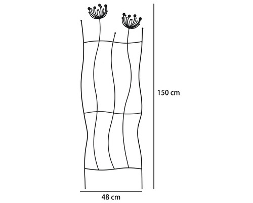 Treillis en métal noir avec motif de pissenlit, dimensions 150 centimètres de hauteur et 48 centimètres de largeur.