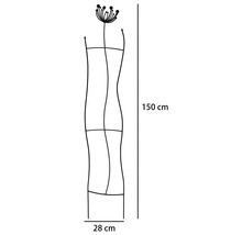 Support de plante en métal noir de forme ondulée avec motif floral, hauteur 150 centimètres, largeur 28 centimètres.