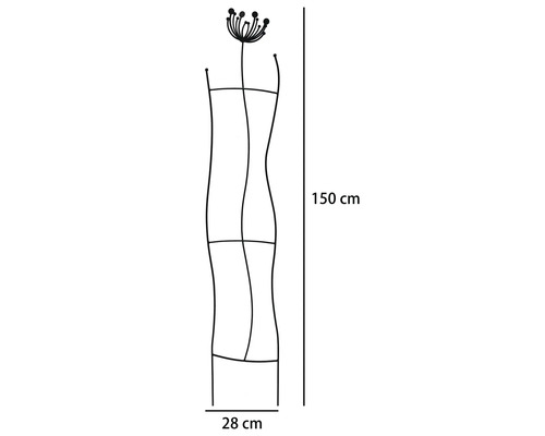 Support de plante en métal noir de forme ondulée avec motif floral, hauteur 150 centimètres, largeur 28 centimètres.