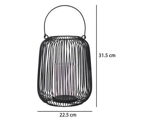 Lanterne en fil métallique noir avec insert en verre et poignée, hauteur 31,5 centimètres, largeur 22,5 centimètres.