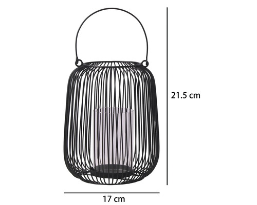 Lanterne en tiges de métal noir avec insert en verre, hauteur 21,5 centimètres, largeur 17 centimètres.