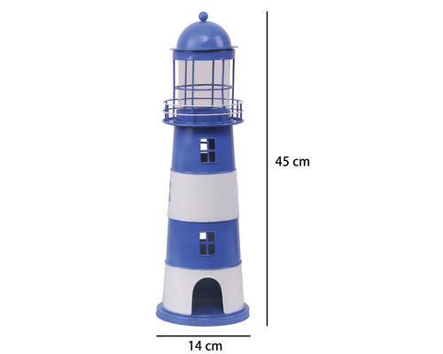 Phare décoratif en métal, rayé bleu et blanc, hauteur 45 centimètres, diamètre 14 centimètres.