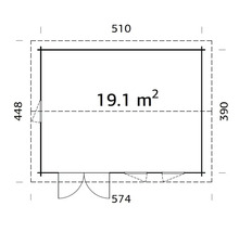 Plan au sol d'un abri de jardin avec une surface de 19,1 mètres carrés, dimensions extérieures 510 par 390 centimètres, incluant porte double et fenêtres.