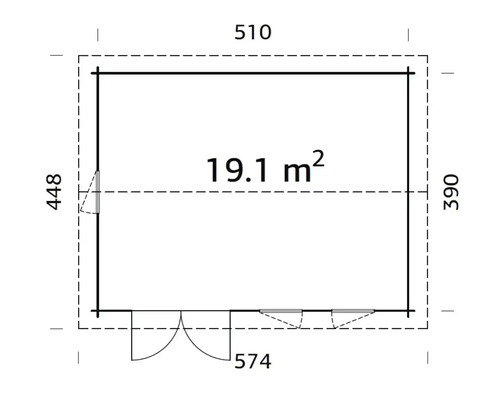 Plan au sol d'un abri de jardin avec une surface de 19,1 mètres carrés, dimensions extérieures 510 par 390 centimètres, incluant porte double et fenêtres.