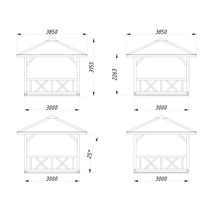 Dessin technique d'un pavillon de jardin en bois avec dimensions : largeur 3850 millimètres, hauteur 3155 millimètres et pente de toit 25 degrés.