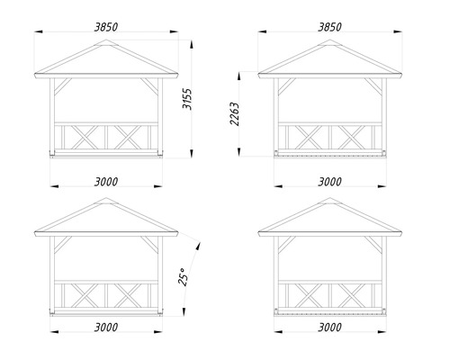 Dessin technique d'un pavillon de jardin en bois avec dimensions : largeur 3850 millimètres, hauteur 3155 millimètres et pente de toit 25 degrés.