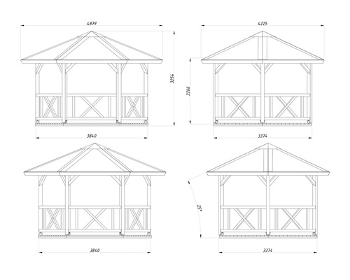 Dessin technique d'un pavillon de jardin avec balustrade et toit en croupe, incluant les dimensions et une pente de toit de 25 degrés.