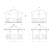 Maßzeichnung eines Gartenpavillons mit Geländer und Walmdach, inklusive Maßangaben für Breite, Höhe und Dachneigung von 25 Grad.