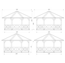 Dessin technique d'un pavillon de jardin avec dimensions de largeur, profondeur et hauteur en millimètres et pente de toit de 25 degrés.