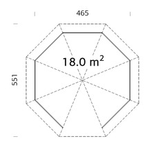 Plan au sol technique d'un abri de jardin octogonal avec des dimensions de 465 par 551 et une surface de 18,0 mètres carrés.