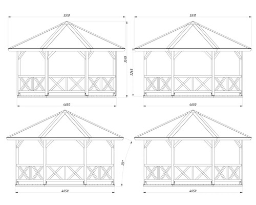 Dessin technique d'un pavillon de jardin avec dimensions de largeur, profondeur et hauteur en millimètres et pente de toit de 25 degrés.