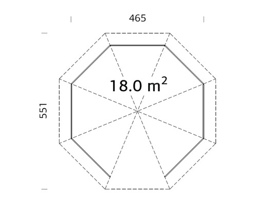Plan au sol technique d'un abri de jardin octogonal avec des dimensions de 465 par 551 et une surface de 18,0 mètres carrés.