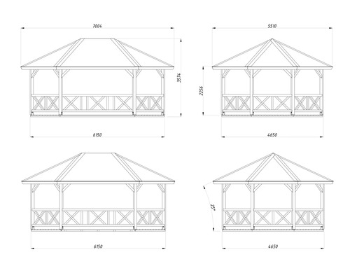 Dessin technique d'un pavillon de jardin en bois avec des dimensions détaillées en millimètres et une pente de toit de 25 degrés.