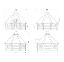 Dessin technique d'un kota de barbecue en quatre vues avec dimensions : hauteur totale 3395 millimètres, hauteur paroi 1330 millimètres.