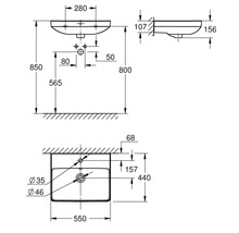 Dessin technique d'un lavabo avec dimensions en millimètres en vue de face, de côté et de dessus.