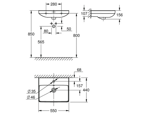 Dessin technique d'un lavabo avec dimensions en millimètres en vue de face, de côté et de dessus.