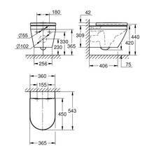 Schéma technique avec dimensions d'un WC suspendu en vue de face, de profil et de dessus.