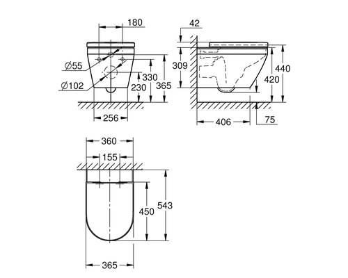 Schéma technique avec dimensions d'un WC suspendu en vue de face, de profil et de dessus.