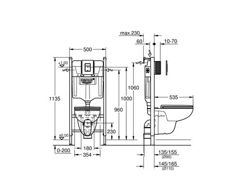 Technische Zeichnung mit Maßen für das Grohe WC-Vorwandelement Rapid SL.