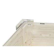 Detail einer Eckverbindung aus Holzbrettern mit Maßangaben 120 mal 34 Millimeter, 70 mal 19 Millimeter und 44 Millimeter Wandstärke.