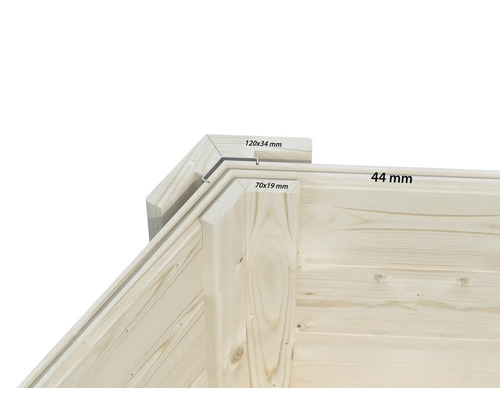 Detail einer Eckverbindung aus Holzbrettern mit Maßangaben 120 mal 34 Millimeter, 70 mal 19 Millimeter und 44 Millimeter Wandstärke.