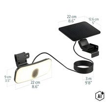 Projecteur LED solaire avec panneau solaire mobile et câble de connexion de 3 mètres, dimensions du produit indiquées. (Image AI modified or generated)