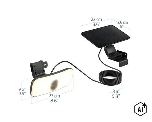 Projecteur LED solaire avec panneau solaire mobile et câble de connexion de 3 mètres, dimensions du produit indiquées. (Image AI modified or generated)