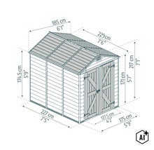 Dessin technique d un abri de jardin avec double porte et toit en bâtière incluant les dimensions en centimètres et pieds. (Image AI modified or generated)
