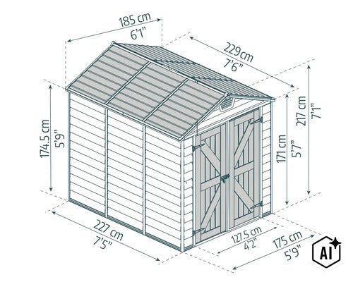 Dessin technique d un abri de jardin avec double porte et toit en bâtière incluant les dimensions en centimètres et pieds. (Image AI modified or generated)