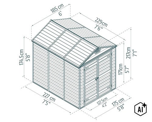 Technische Zeichnung eines Gartenhauses aus Holz mit detaillierten Maßangaben zu Länge, Breite und Höhe. (Image AI modified or generated)