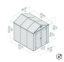 Technische Zeichnung eines Gartenhauses aus Holz mit detaillierten Maßangaben zu Länge, Breite und Höhe. (Image AI modified or generated)