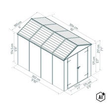 Dessin au trait d un abri de jardin avec des mesures détaillées en centimètres et en pieds pour illustrer les dimensions extérieures. (Image AI modified or generated)
