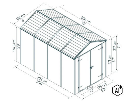 Dessin au trait d un abri de jardin avec des mesures détaillées en centimètres et en pieds pour illustrer les dimensions extérieures. (Image AI modified or generated)