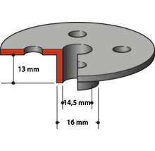 Maßzeichnung einer Montageplatte: Höhe 13 Millimeter, Innendurchmesser 14,5 Millimeter, Außendurchmesser 16 Millimeter.