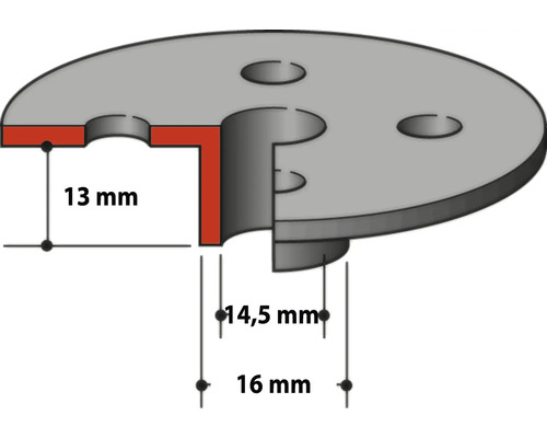 Maßzeichnung einer Montageplatte: Höhe 13 Millimeter, Innendurchmesser 14,5 Millimeter, Außendurchmesser 16 Millimeter.