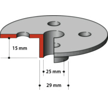 Dessin technique d'une plaque: hauteur 15 millimètres, diamètre intérieur 25 millimètres et diamètre extérieur 29 millimètres.