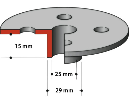 Dessin technique d'une plaque: hauteur 15 millimètres, diamètre intérieur 25 millimètres et diamètre extérieur 29 millimètres.