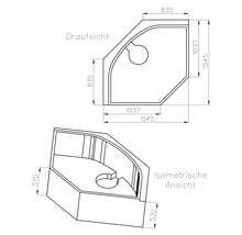 Maßzeichnung einer Eckbadewanne in Draufsicht und isometrischer Ansicht mit den Maßen 1545 mal 1545 Millimeter.