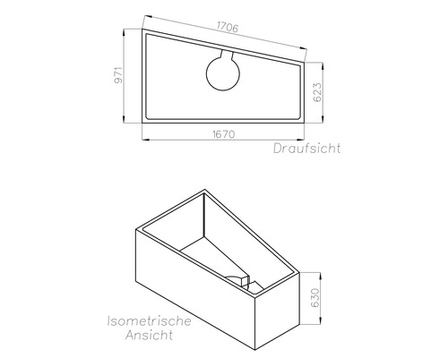 Maßzeichnung einer asymmetrischen Badewanne mit Draufsicht und isometrischer Ansicht, inklusive Maßangaben in Millimetern.