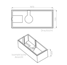Technische Zeichnung einer rechteckigen Badewanne, Draufsicht und isometrische Ansicht, Maße 1670 mal 720 mal 620 Millimeter.